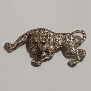 Tiger Brooch/Pin - Silver Metal and Red Jewel Eyes